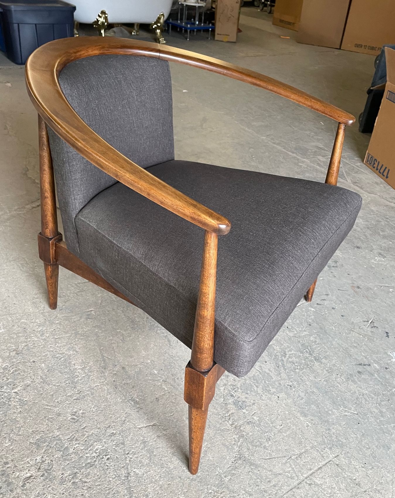 Furnishings, Curved Back Armchair, Grey, Brown, Wood, Fabric
