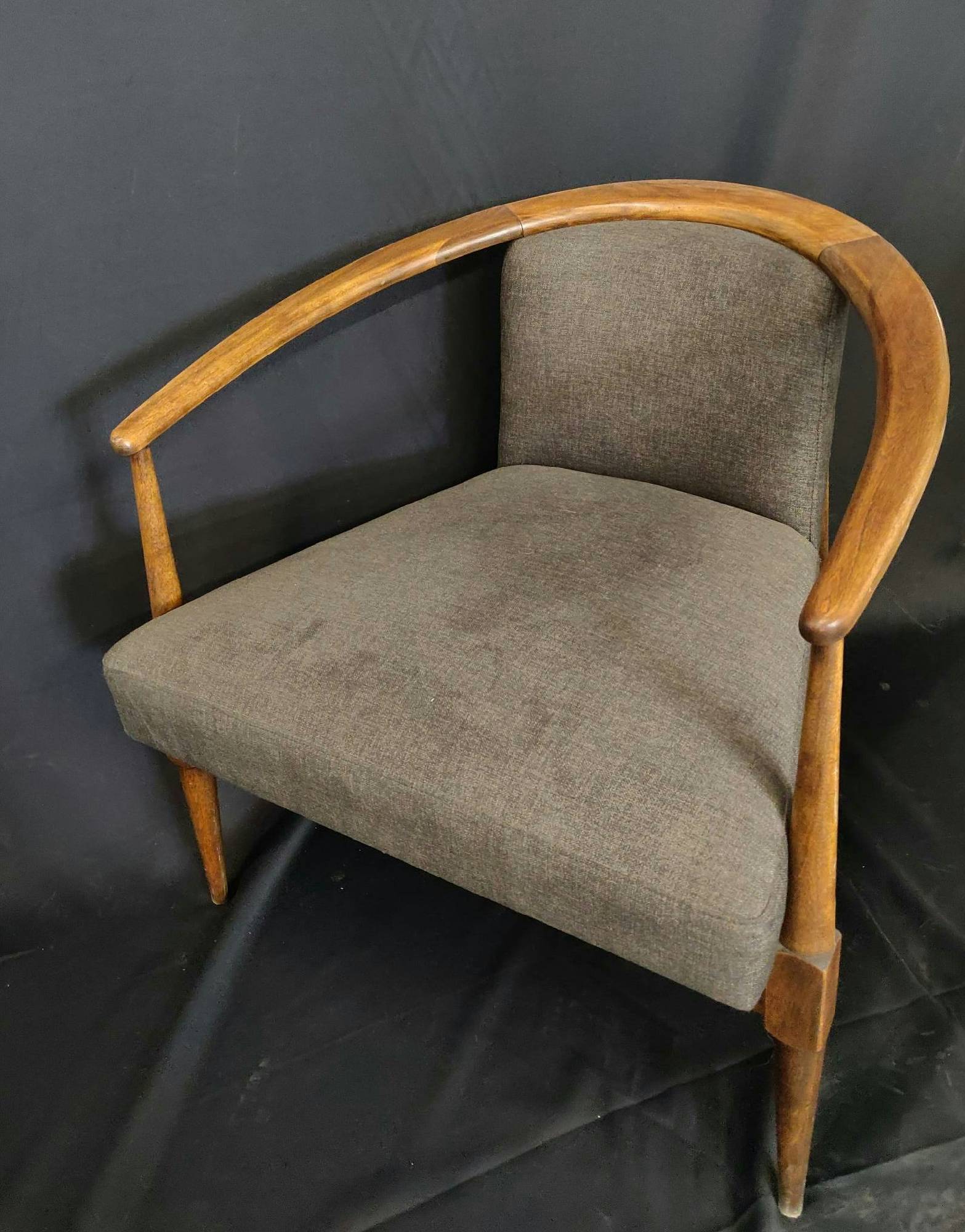 Furnishings, Curved Back Armchair, Grey, Brown, Wood, Fabric