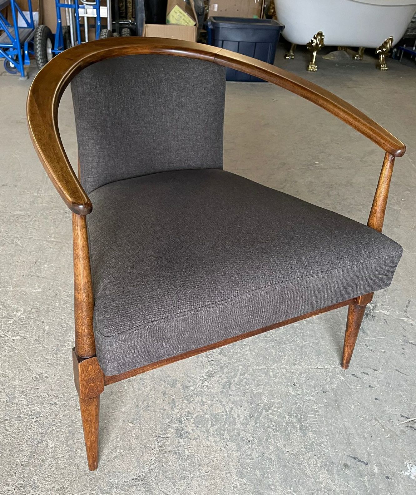 Furnishings, Curved Back Armchair, Grey, Brown, Wood, Fabric