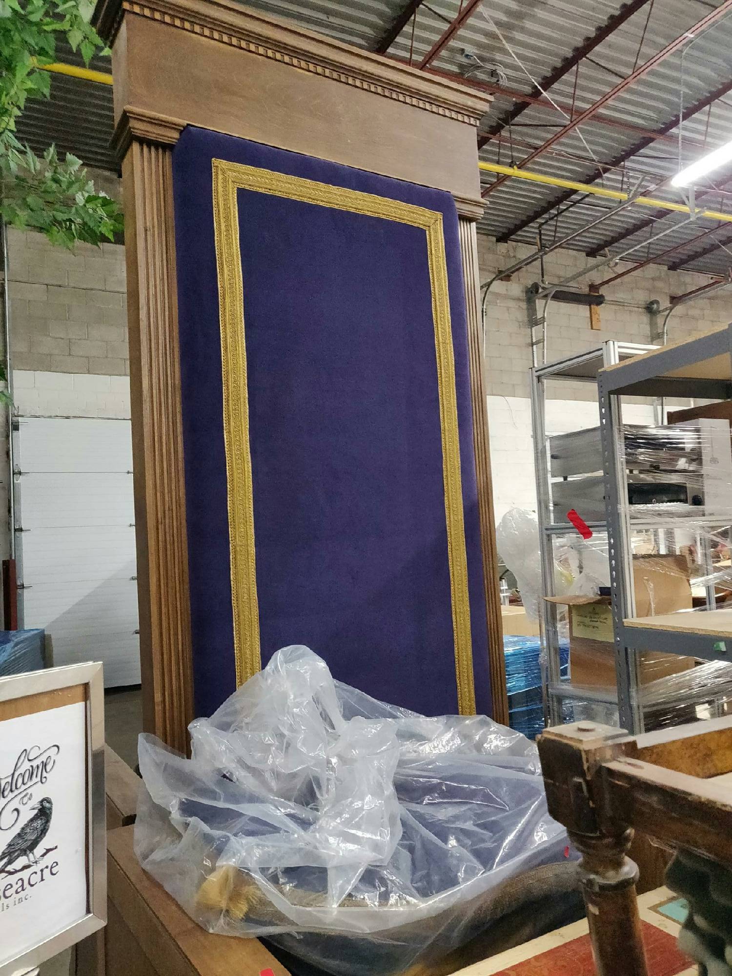 Furnishings, (LS) HighbackThrone With Embroidered Cushions, 49"W, 32"D, 108"H, Purple, Mid Tone Wood, Wood, Velvet