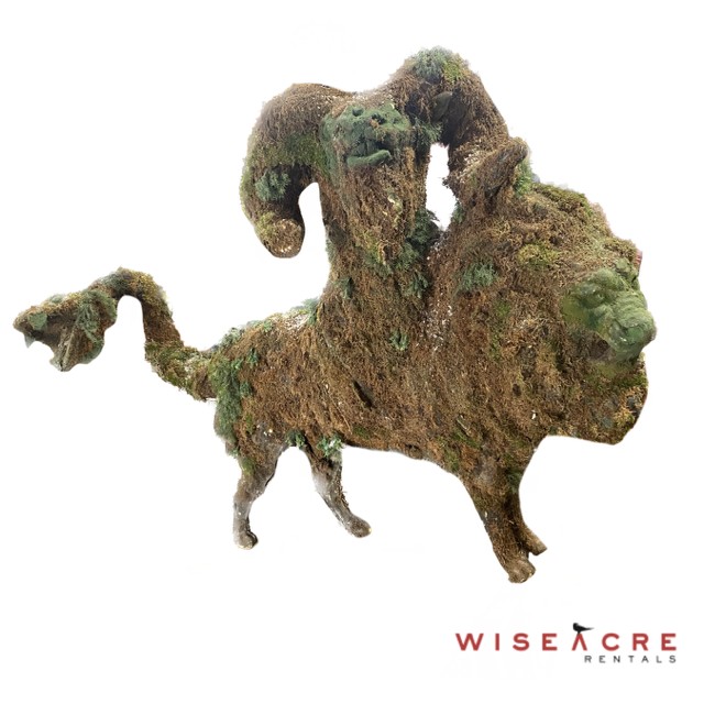 Outdoors & Greenery, Chimera Topiary shrub, Lion and goat head, snake head tail (barcode bottom of front paw), 98" L, 81" H, 28" D, Green, Brown, Black, Foam, Plastic