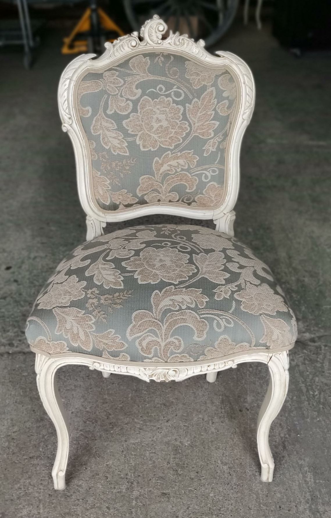 Furnishings, French Provincial Side Chair with Demask Fabric, Light Blue, Beige, Fabric, Wood