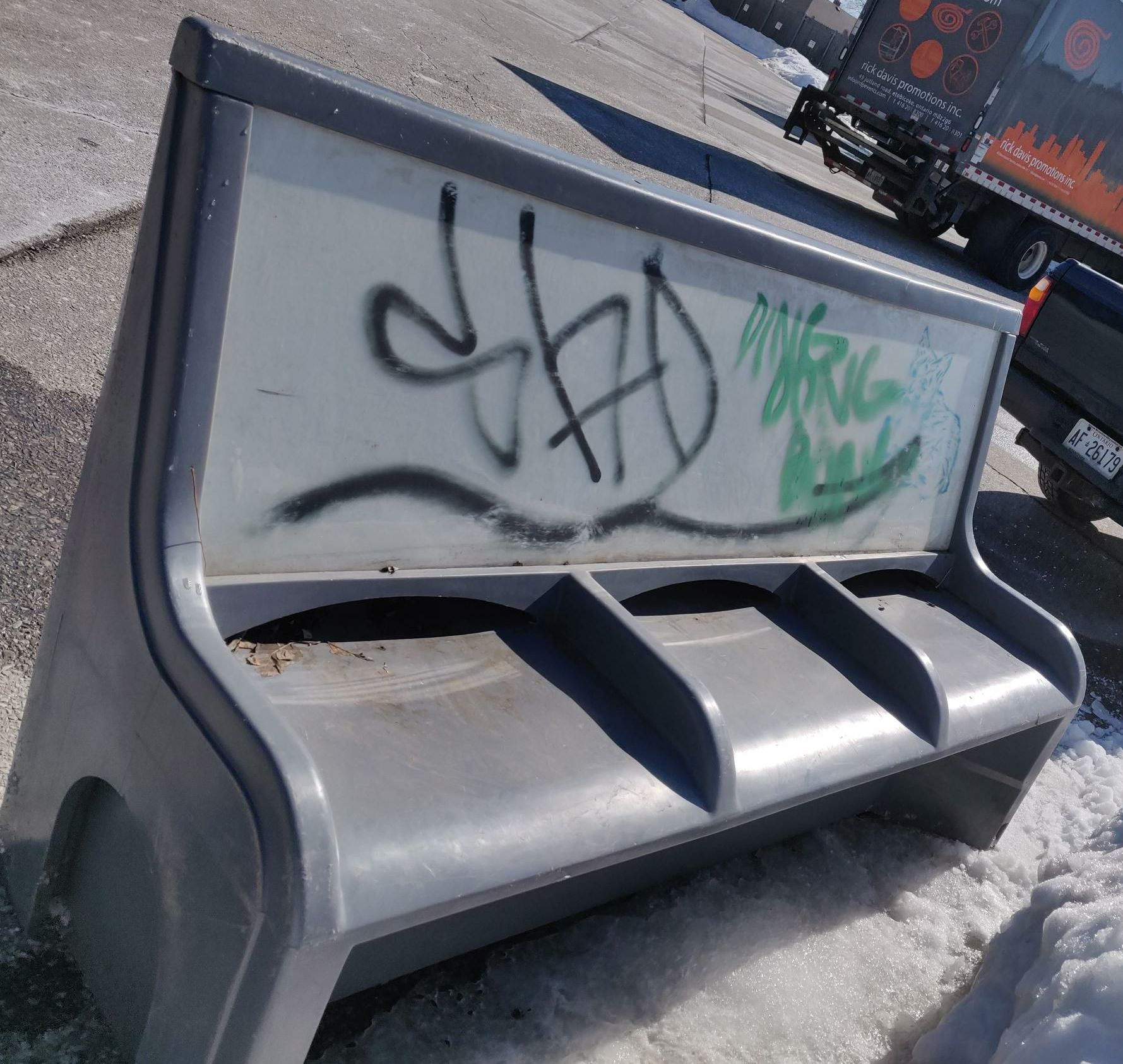 Outdoors & Greenery, Bus Bench With Graffiti, Green, White
