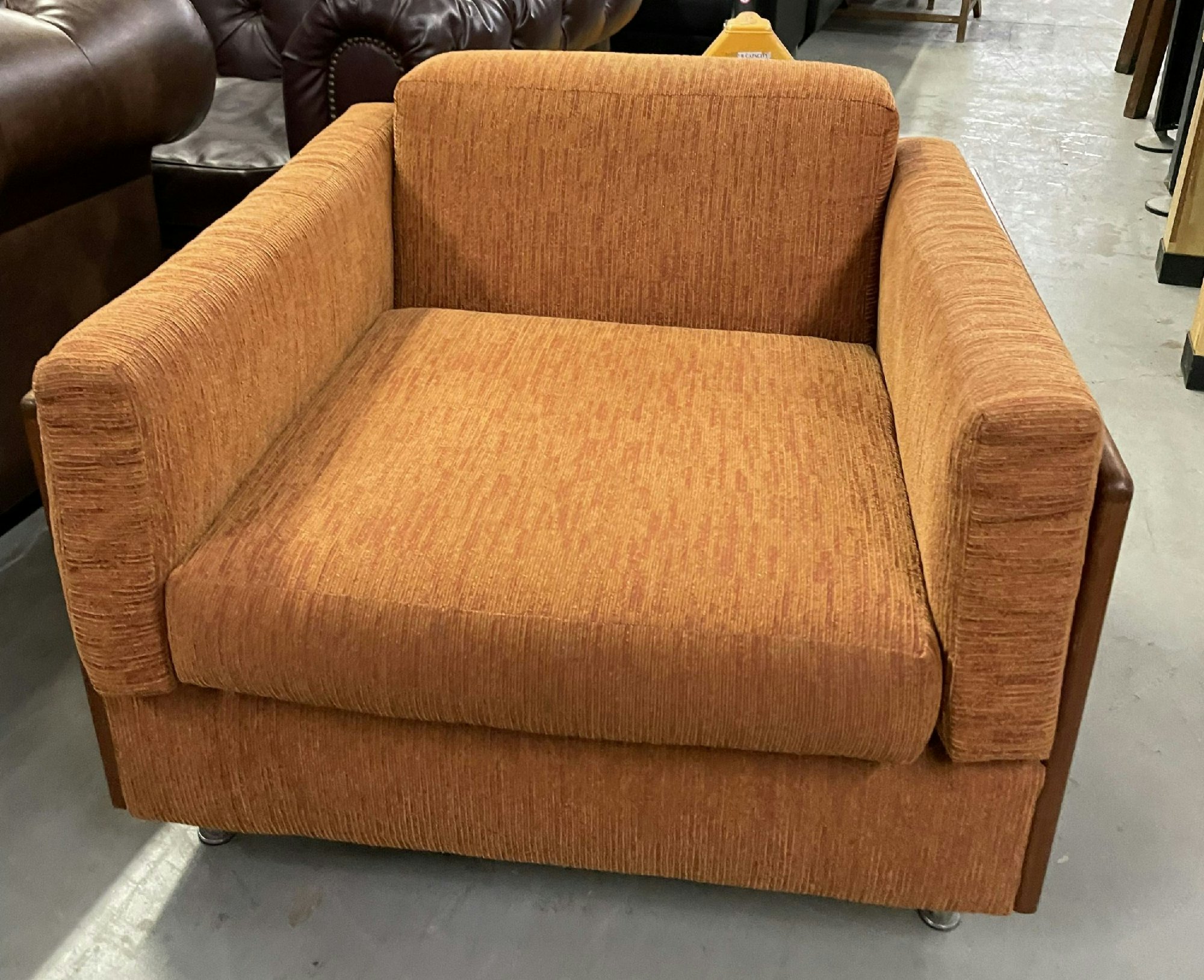 Furnishings, Orange Armchair In Wood Frame, 35, 32, 25, Barber House, Orange, Mid Tone Wood