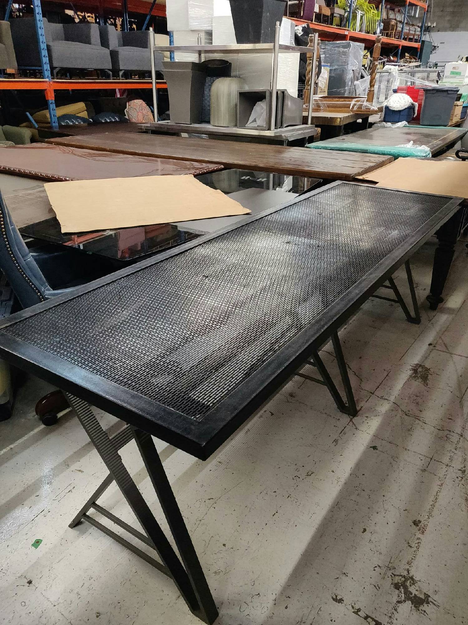 Furnishings, Long Steel Table With Mesh Top, Black, 8' L, 30" D, 30.5"H, Black, Steel