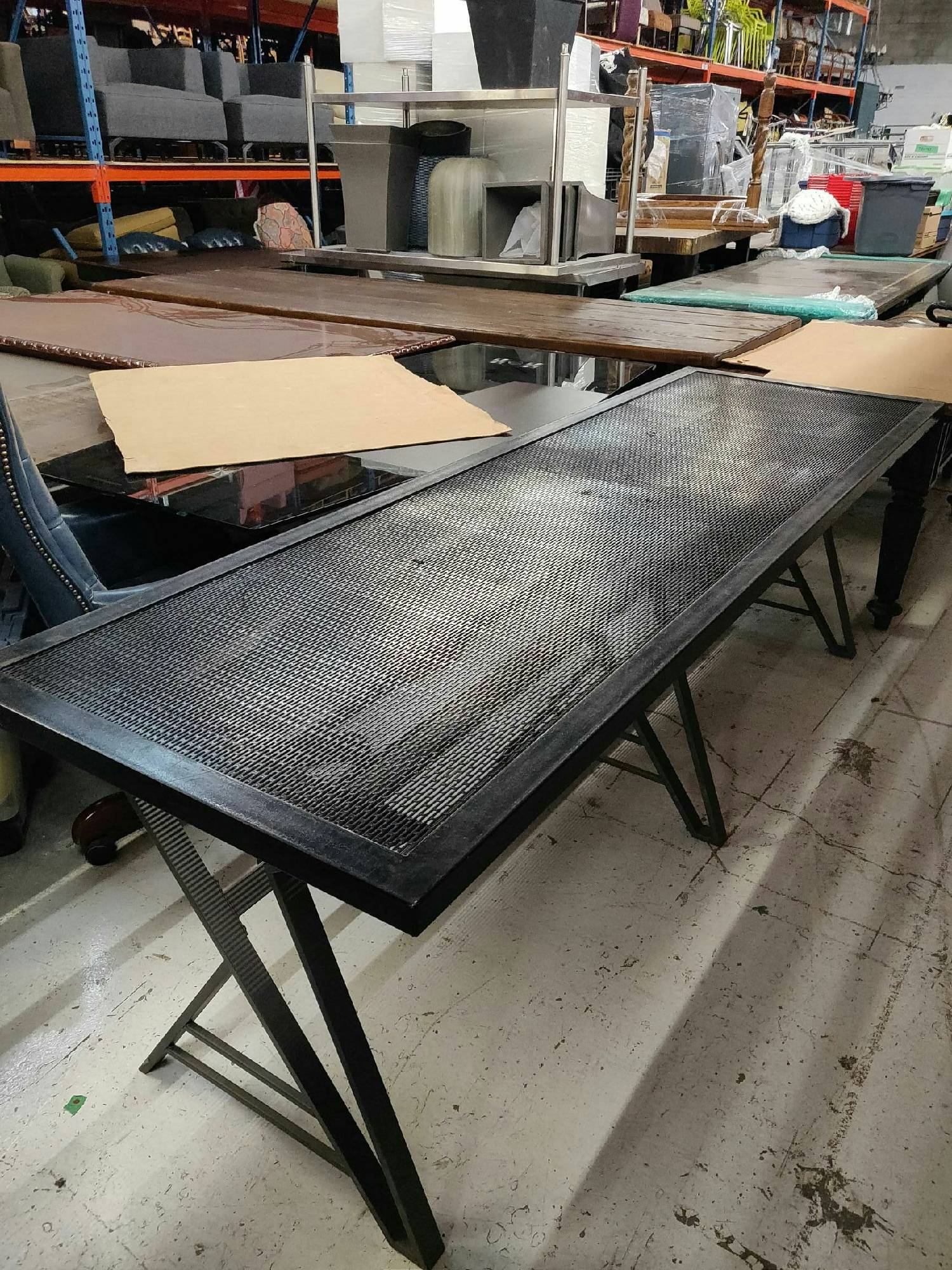 Furnishings, Long Steel Table With Mesh Top, Black, 2.5' X 8', 8' L, 30" D, 30.5"H, Black, Steel