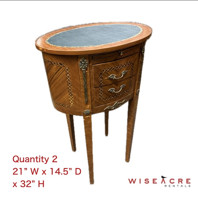 Furnishings, Oval side table with leather top, Brown, Navy, Wood, Metal