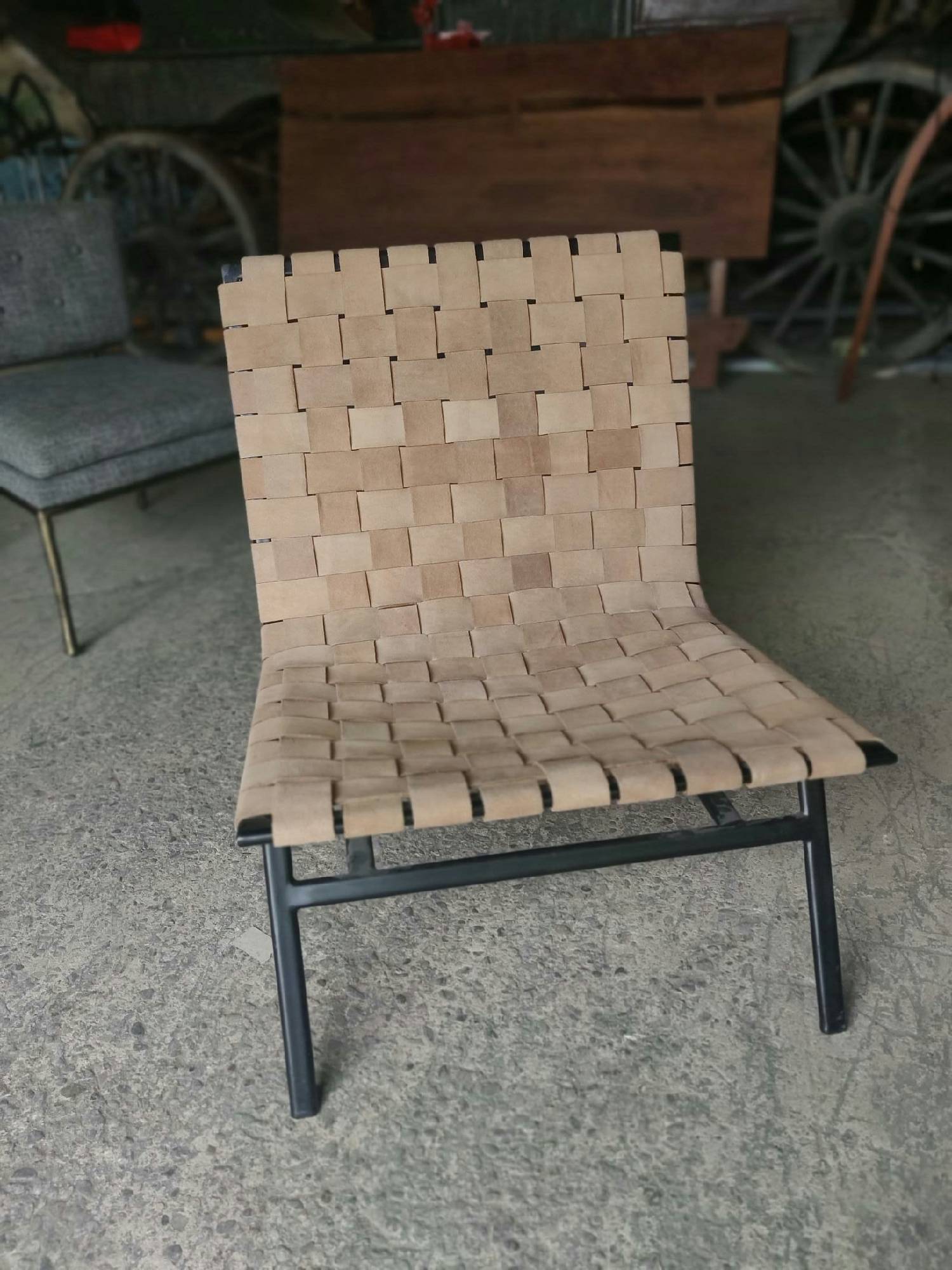 Furnishings, Leather Woven Lounge Chair, Beige, Leather, Metal