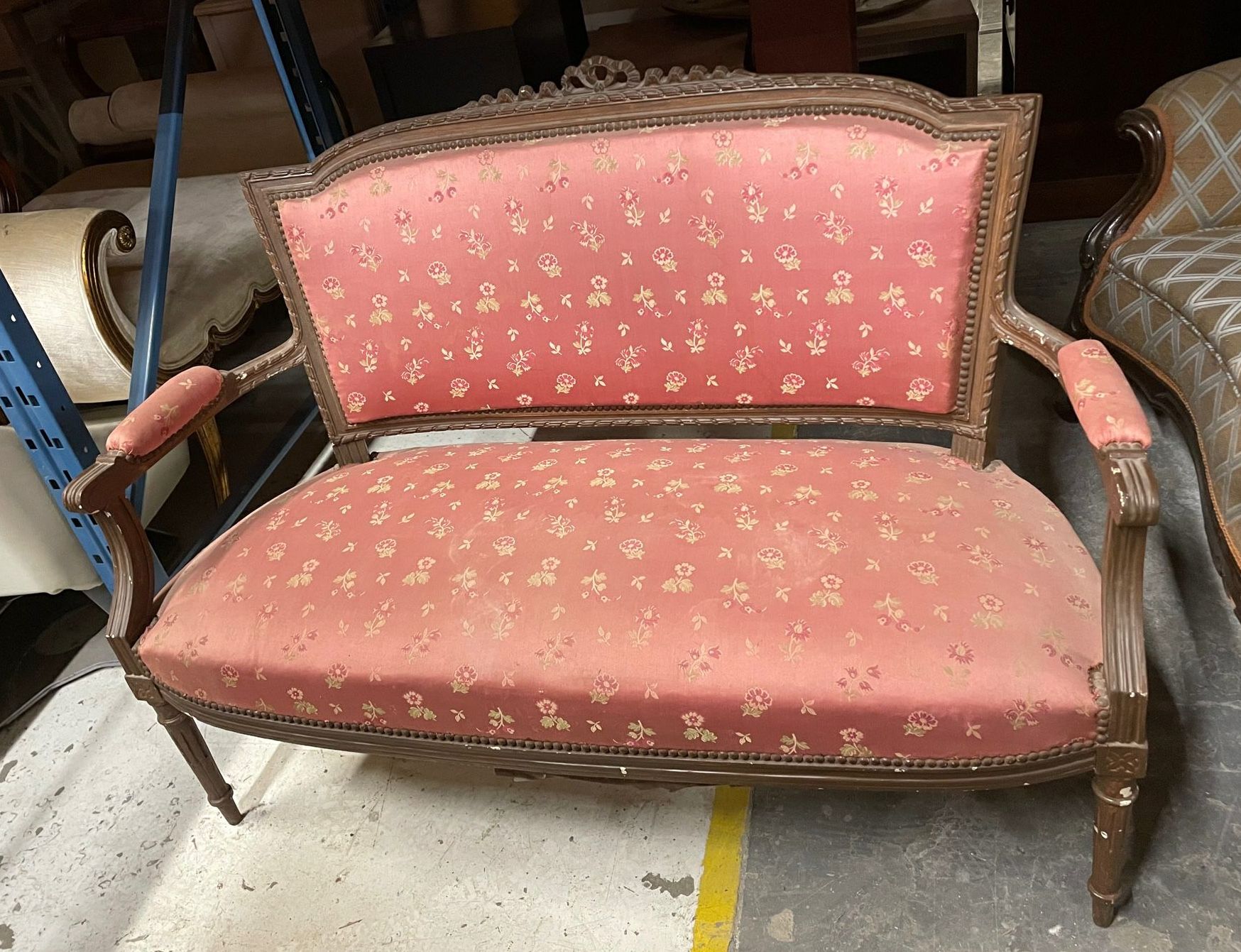 Furnishings, Victorian Settee With Floral Pattern Upholstery, Rose, Natural Wood