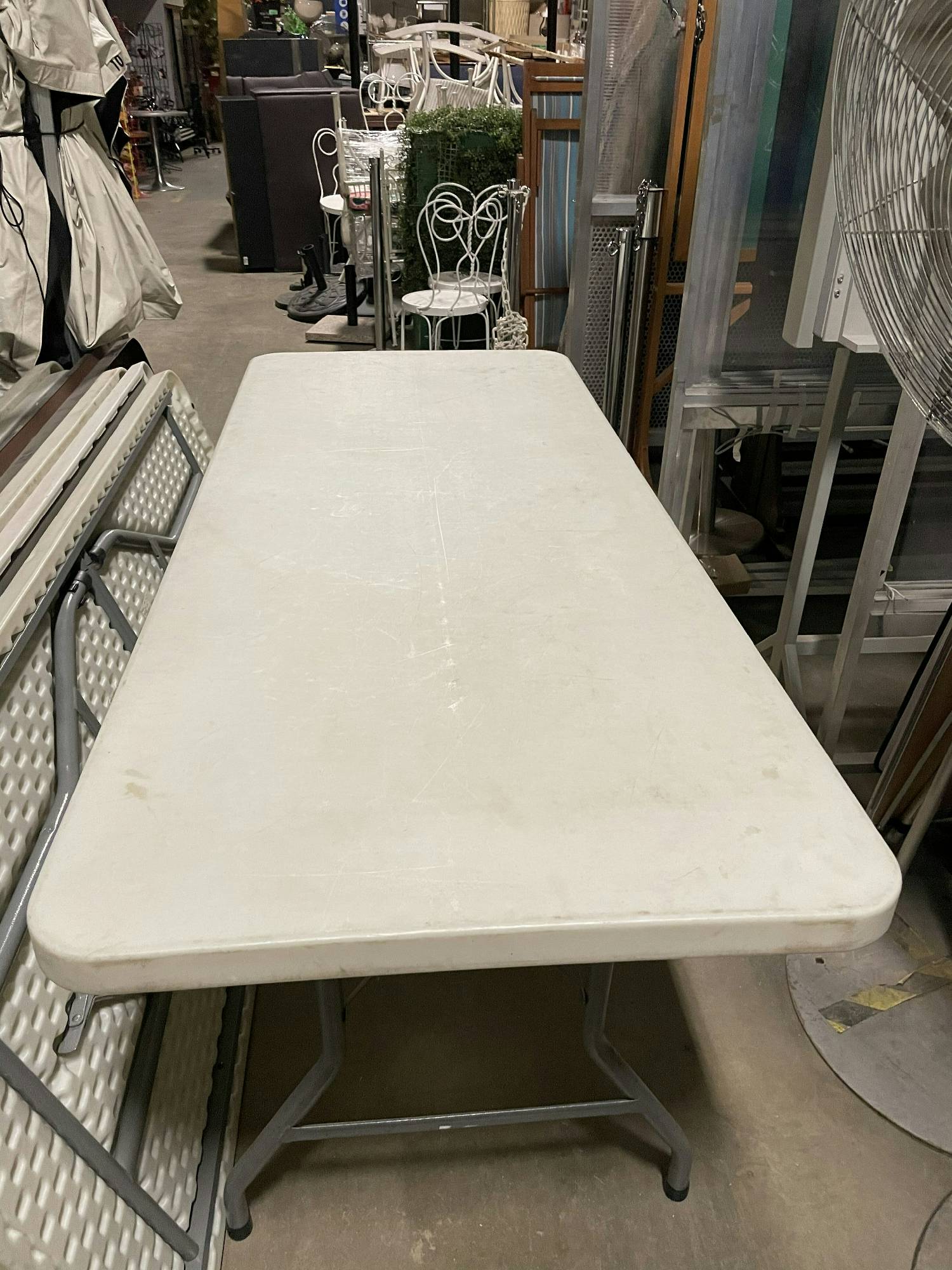 Production Support  Rentals, Folding Table, 6'W, 2.5'D, 2.5'H, White, Plastic, Metal
