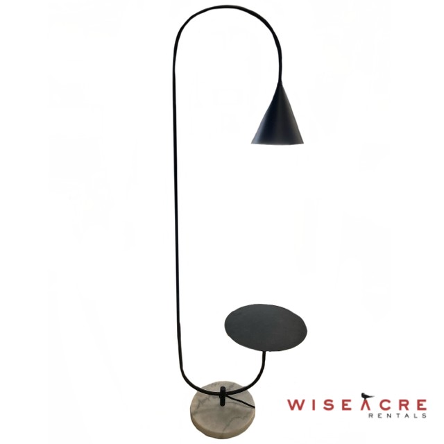 Lighting, Arched metal lamp with side table, marble base., Black, White