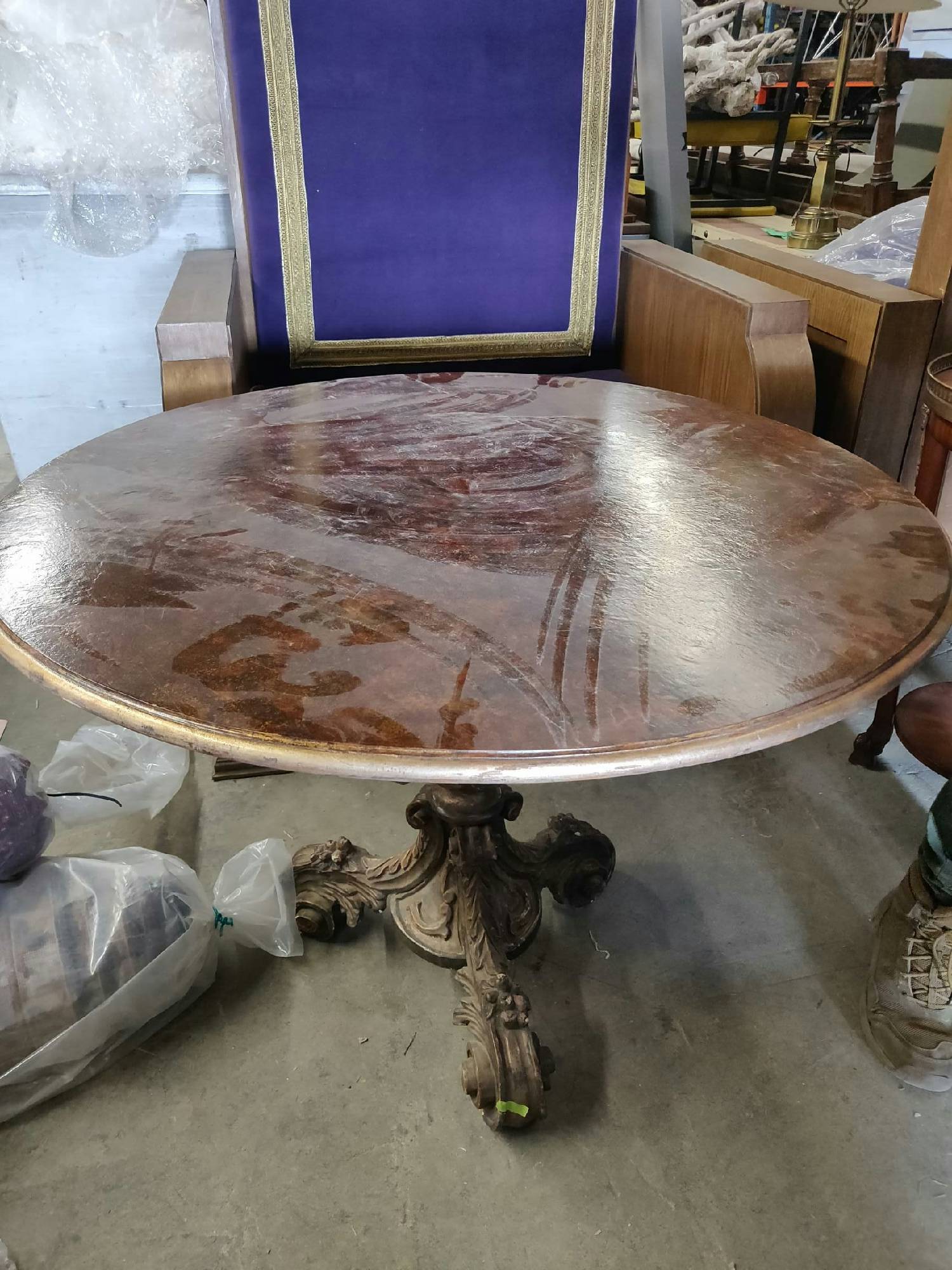 Furnishings, Round Table With Wood Carved Legs, Mid Tone Wood, Wood
