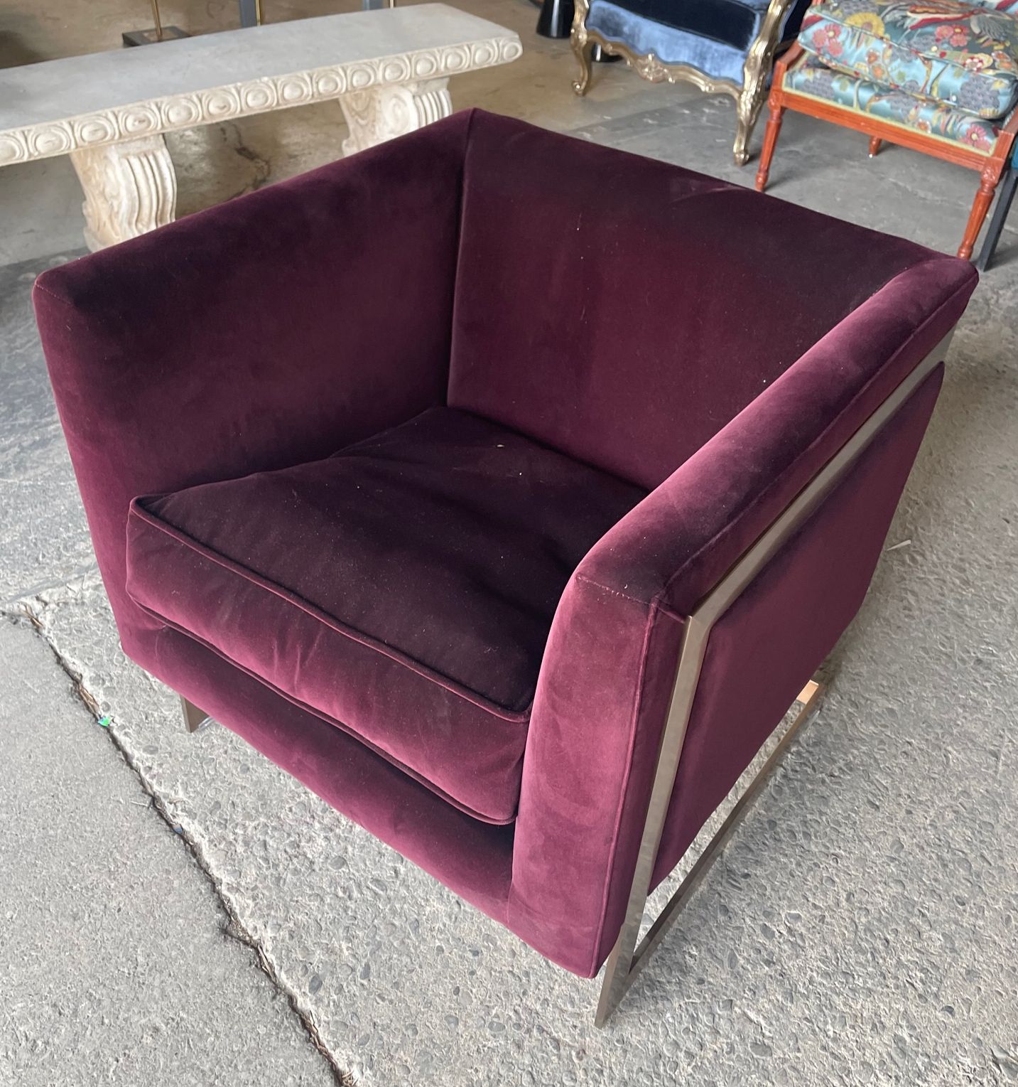 Furnishings, Wide Club Chairs with Metal Frame Legs, 28"W, 28"D, 29"H, Burgundy, Gold, Sunpan , Velvet, Metal