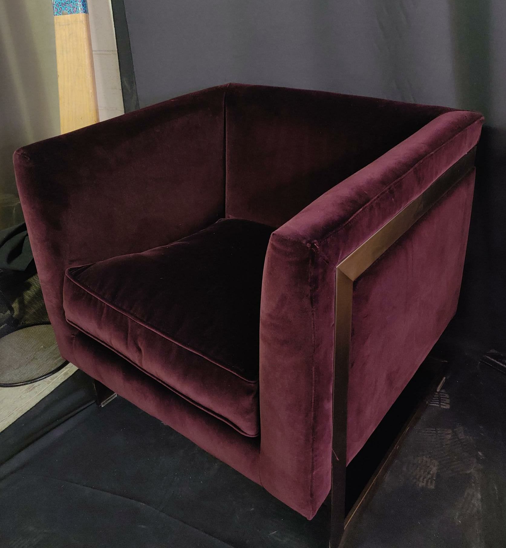 Furnishings, Wide Club Chairs with Metal Frame Legs, 28"W, 28"D, 29"H, Burgundy, Gold, Sunpan , Velvet, Metal