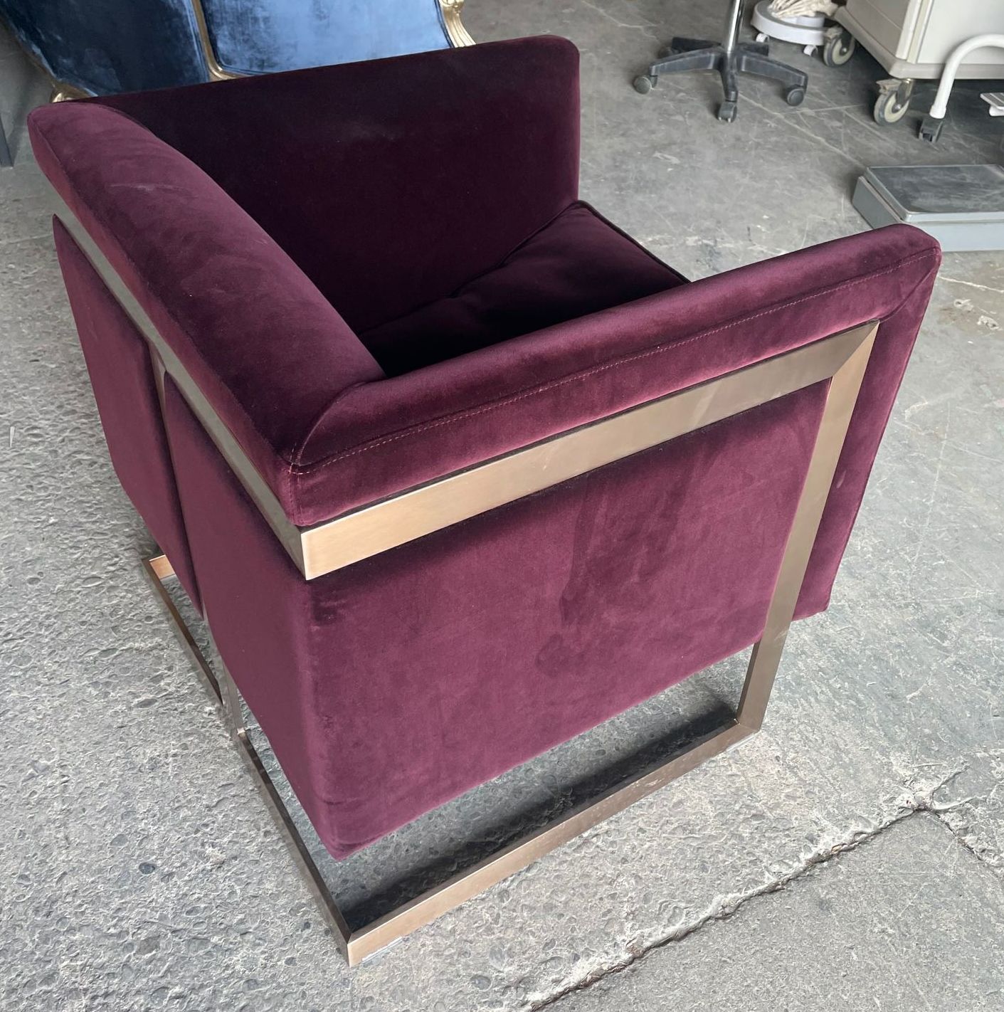 Furnishings, Wide Club Chairs with Metal Frame Legs, 28"W, 28"D, 29"H, Burgundy, Gold, Sunpan , Velvet, Metal