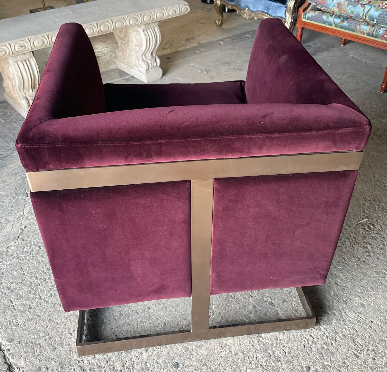 Furnishings, Wide Club Chairs with Metal Frame Legs, 28"W, 28"D, 29"H, Burgundy, Gold, Sunpan , Velvet, Metal