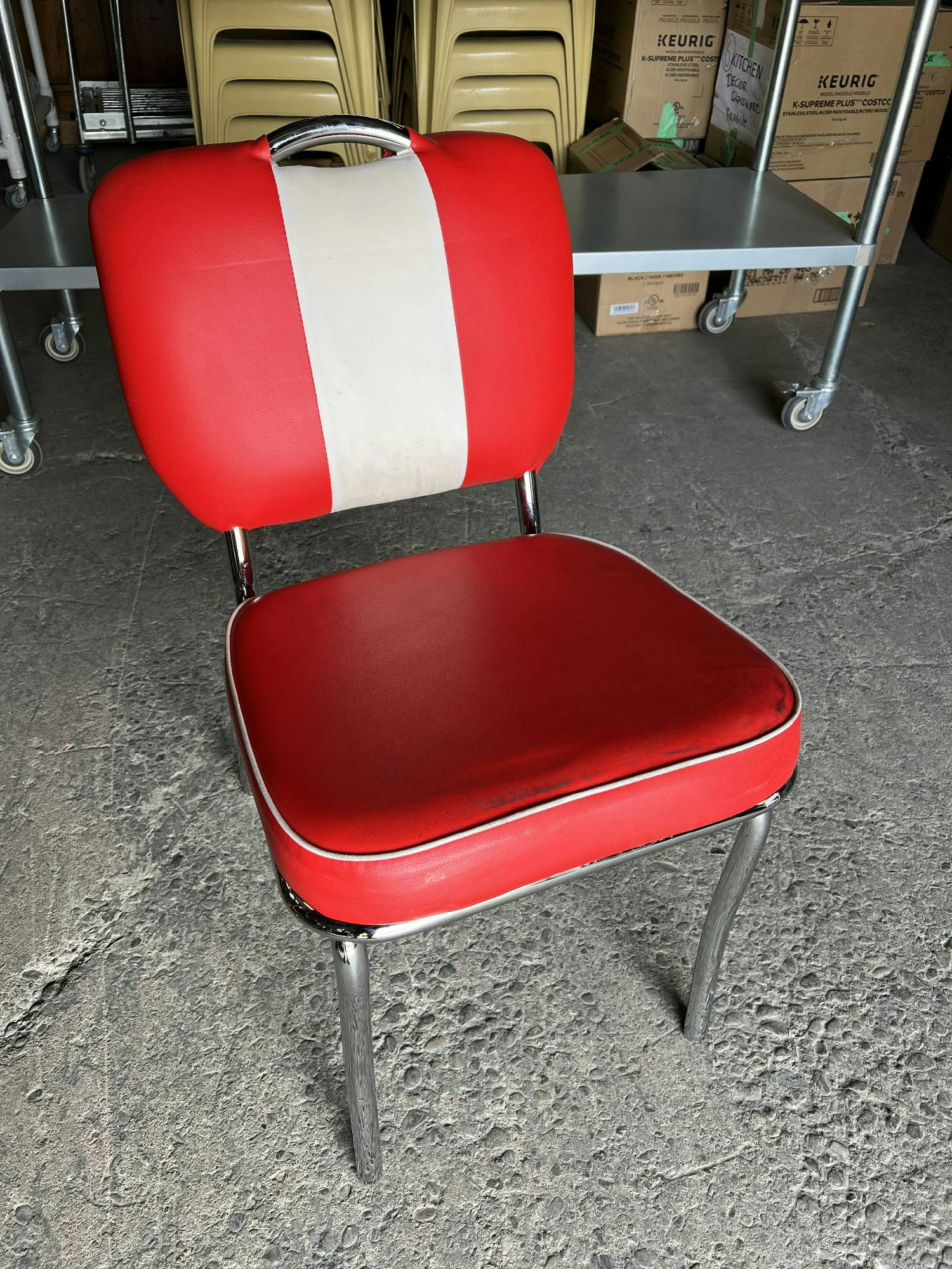 Furnishings, Red Diner Chair with White Stripe, Red, White, Silver, Leather