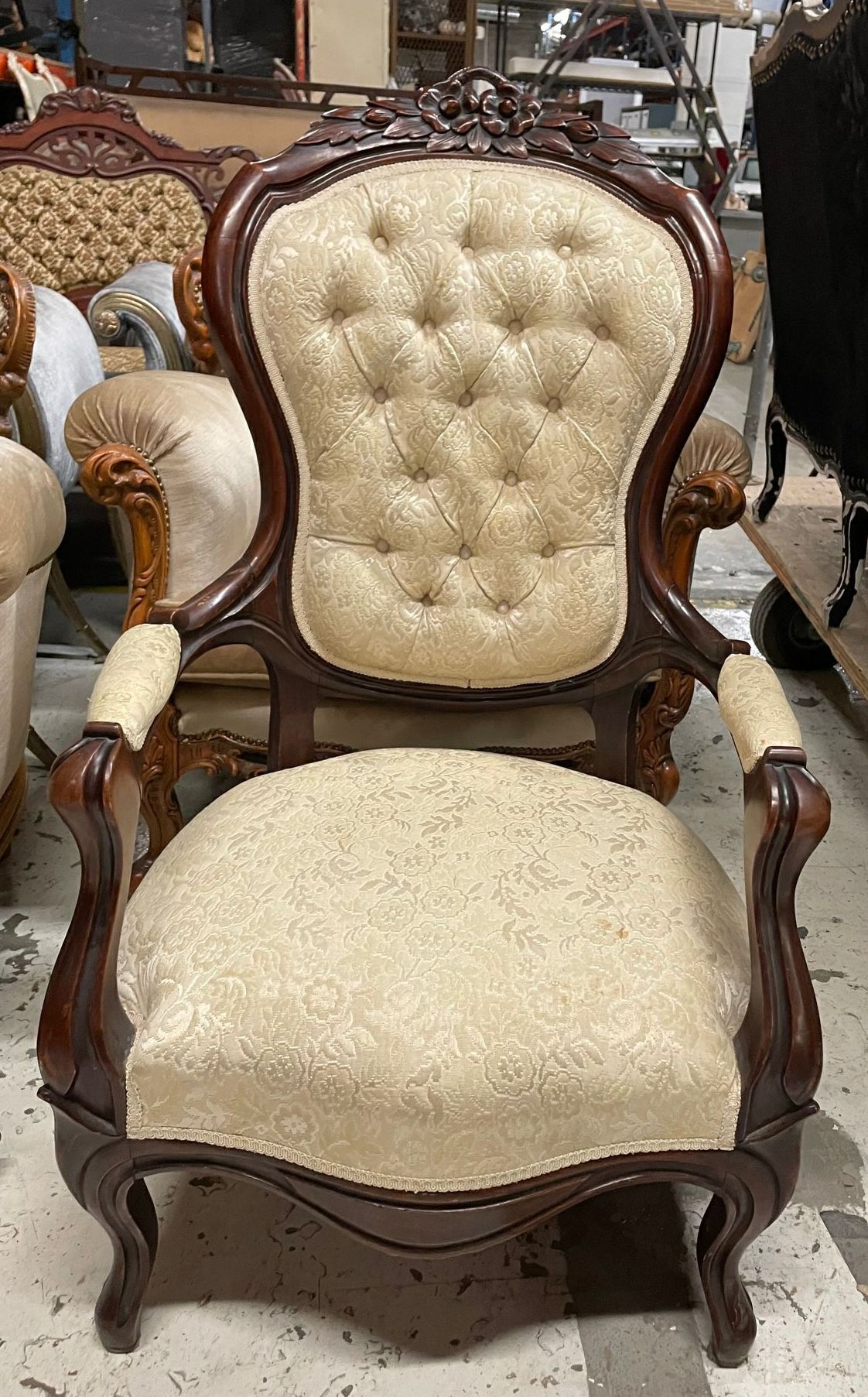Furnishings, Armchair With Wooden Frame And Tufted Back, Cream, Brown, Wood, Fabric, Floral
