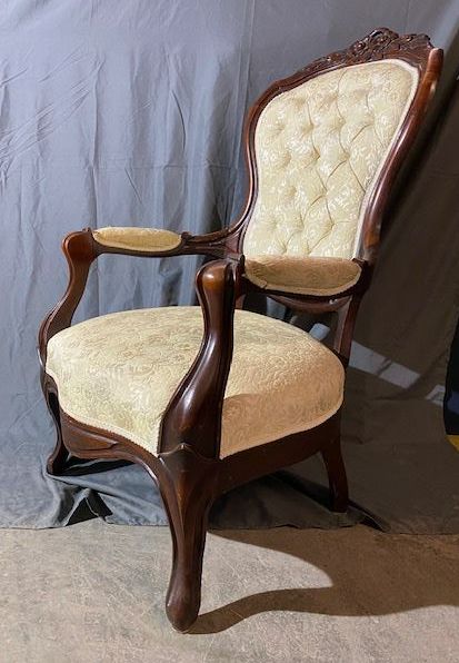 Furnishings, Armchair With Wooden Frame And Tufted Back, Cream, Brown, Wood, Fabric, Floral