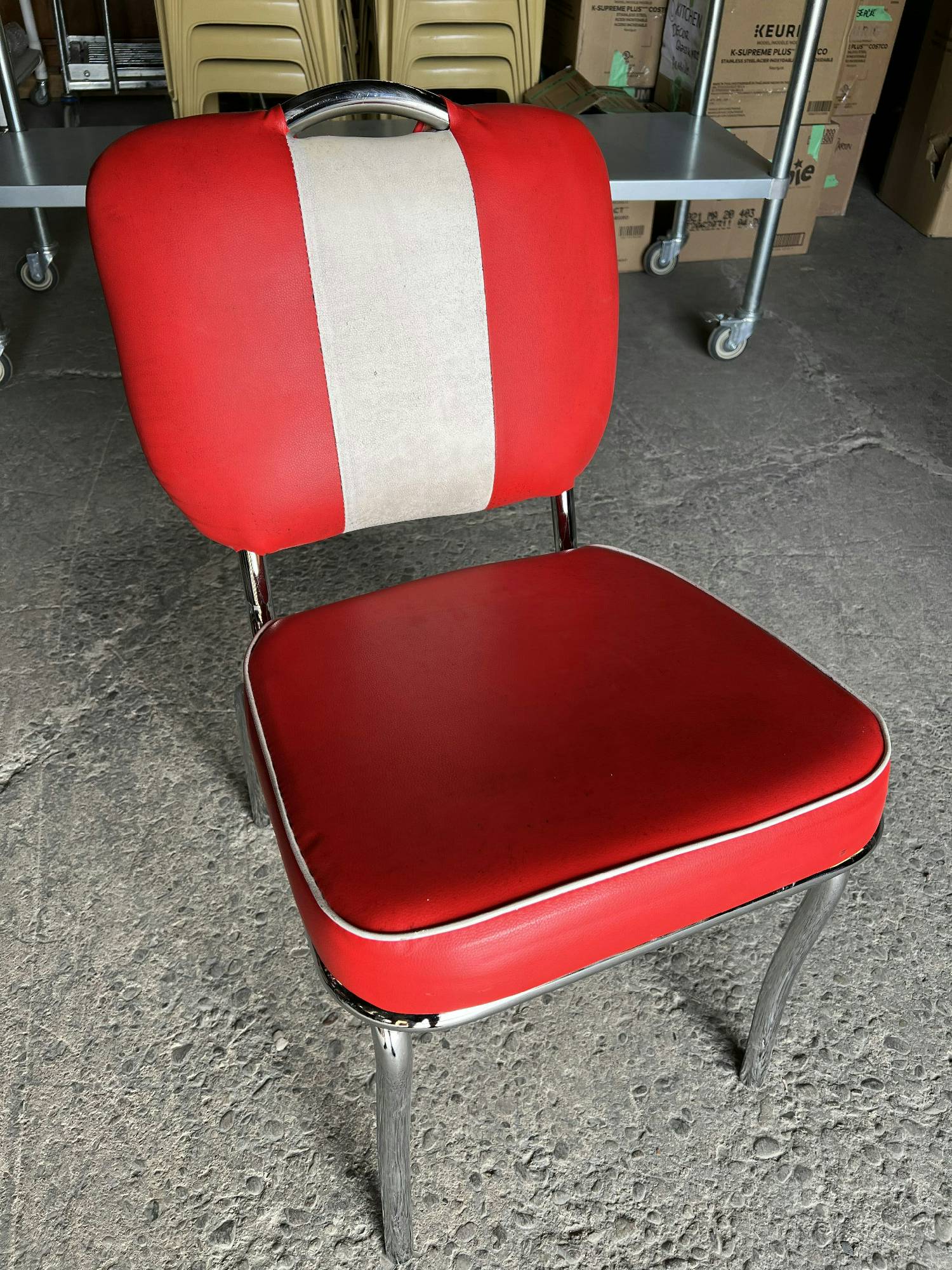 Furnishings, Red Diner Chair with White Stripe, Red, White, Silver, Leather