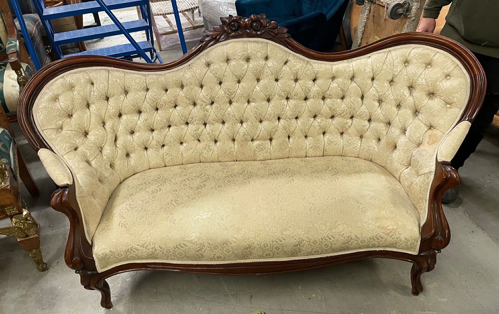 Furnishings, Victorian Couch With Wooden Frame And Tufted Back, 69"W, 18"D, 38"H, Cream, Brown, Wood, Fabric, Floral