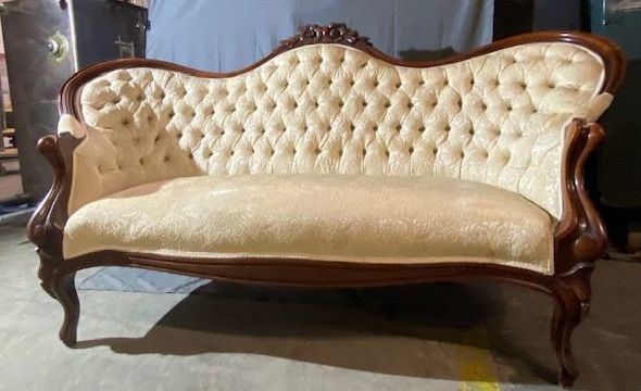 Furnishings, Victorian Couch With Wooden Frame And Tufted Back, 69"W, 18"D, 38"H, Cream, Brown, Wood, Fabric, Floral