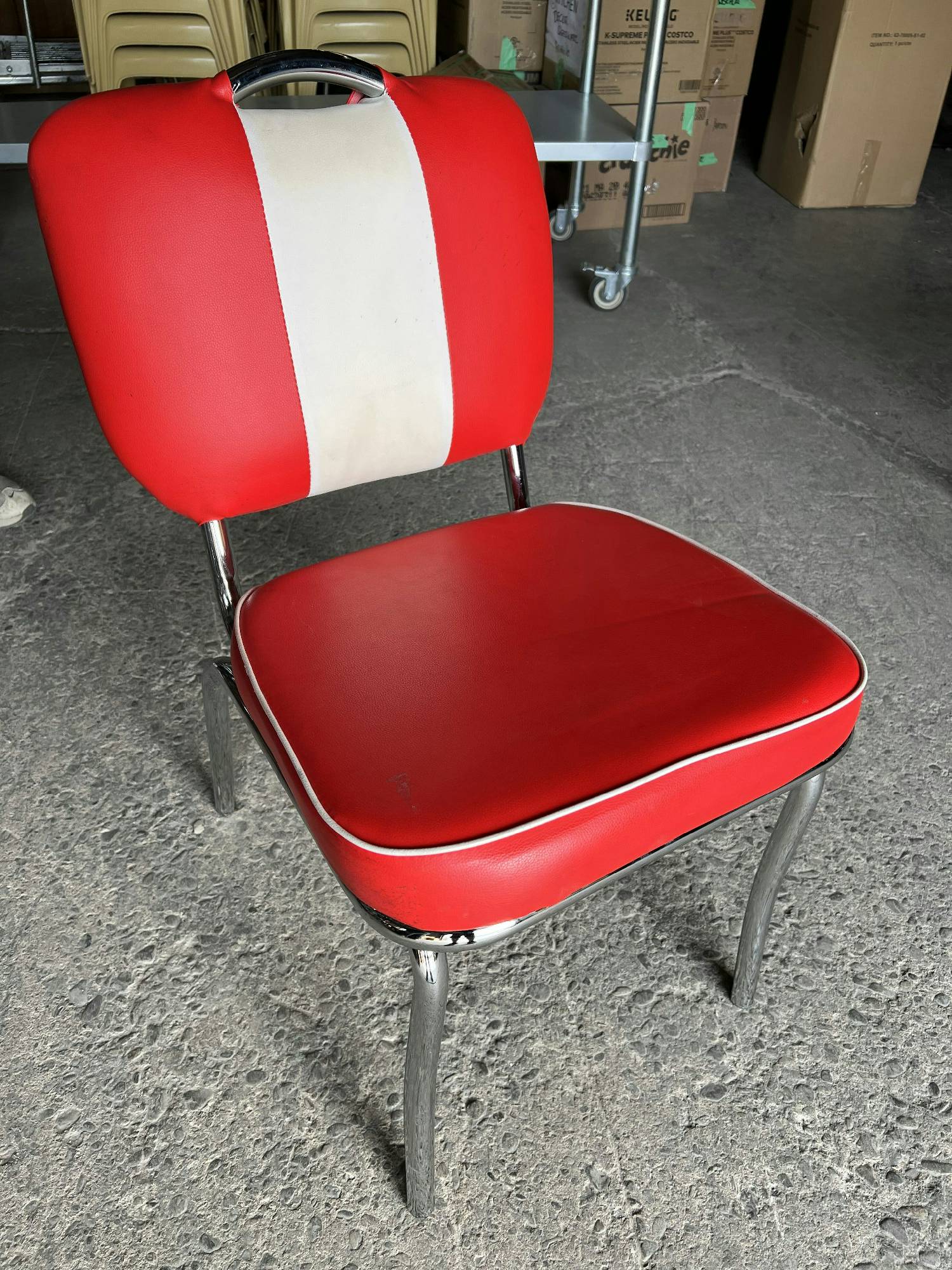 Furnishings, Red Diner Chair with White Stripe, Red, White, Silver, Leather