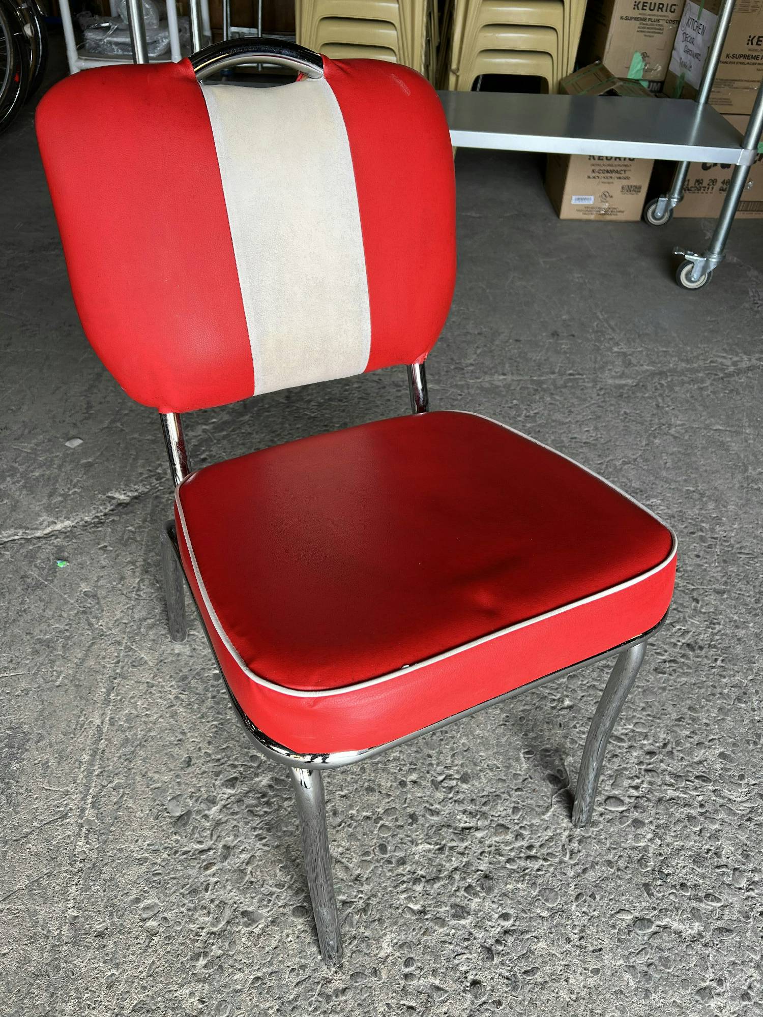 Furnishings, Red Diner Chair with White Stripe, Red, White, Silver, Leather