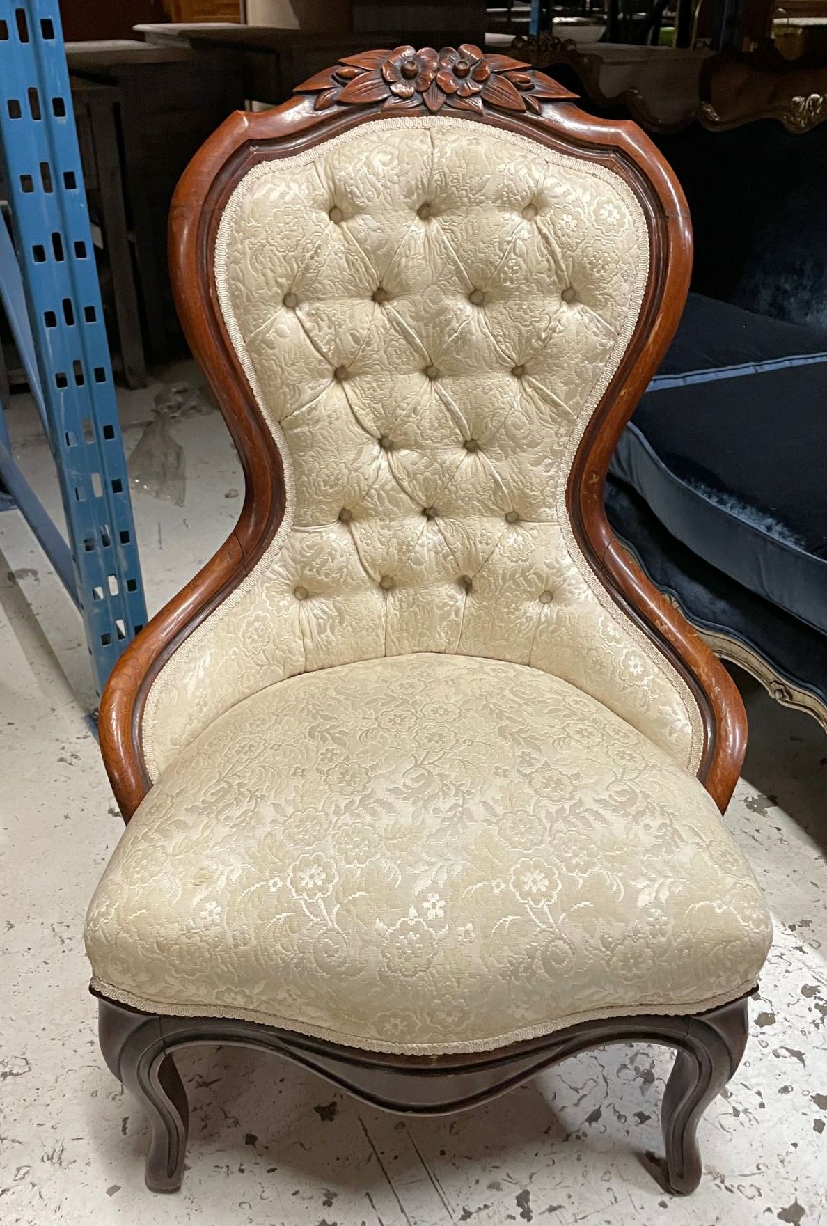 Furnishings, Antique Wingback With Wooden Frame And Tufted Back, 21"W, 18"D, 38"H, Cream, Wood, Fabric, Floral