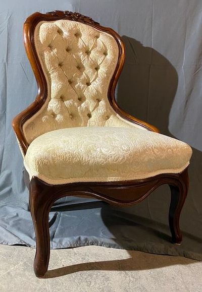 Furnishings, Antique Wingback With Wooden Frame And Tufted Back, 21"W, 18"D, 38"H, Cream, Wood, Fabric, Floral