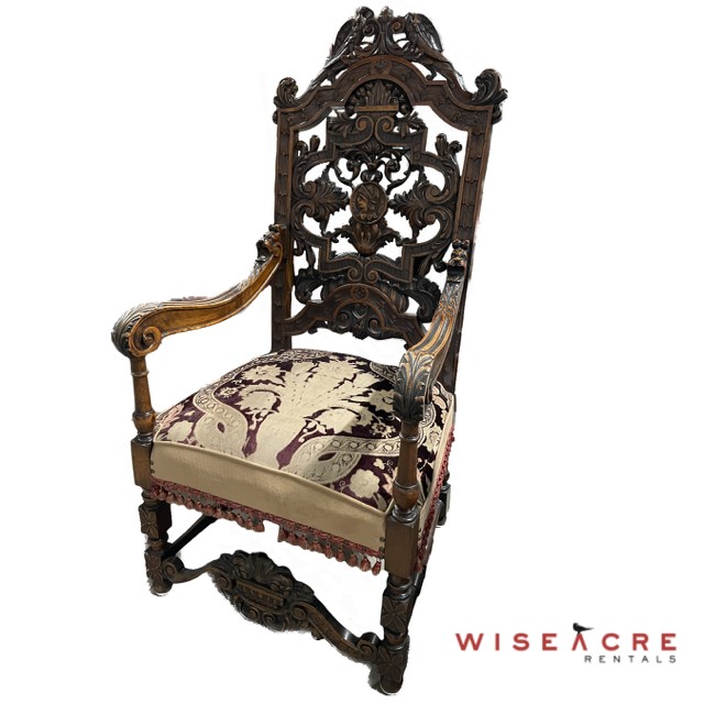 Furnishings, Ornate Dark Wood Throne with Cushion, W:25", L:26.5, H:56", Brown, Beige, Red, Wood, Suede
