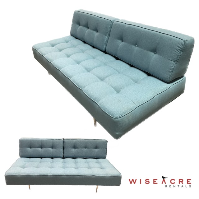 Furnishings, Fabric couch with metal legs, L:75", W:26.5, H:31", Turquoise, Fabric