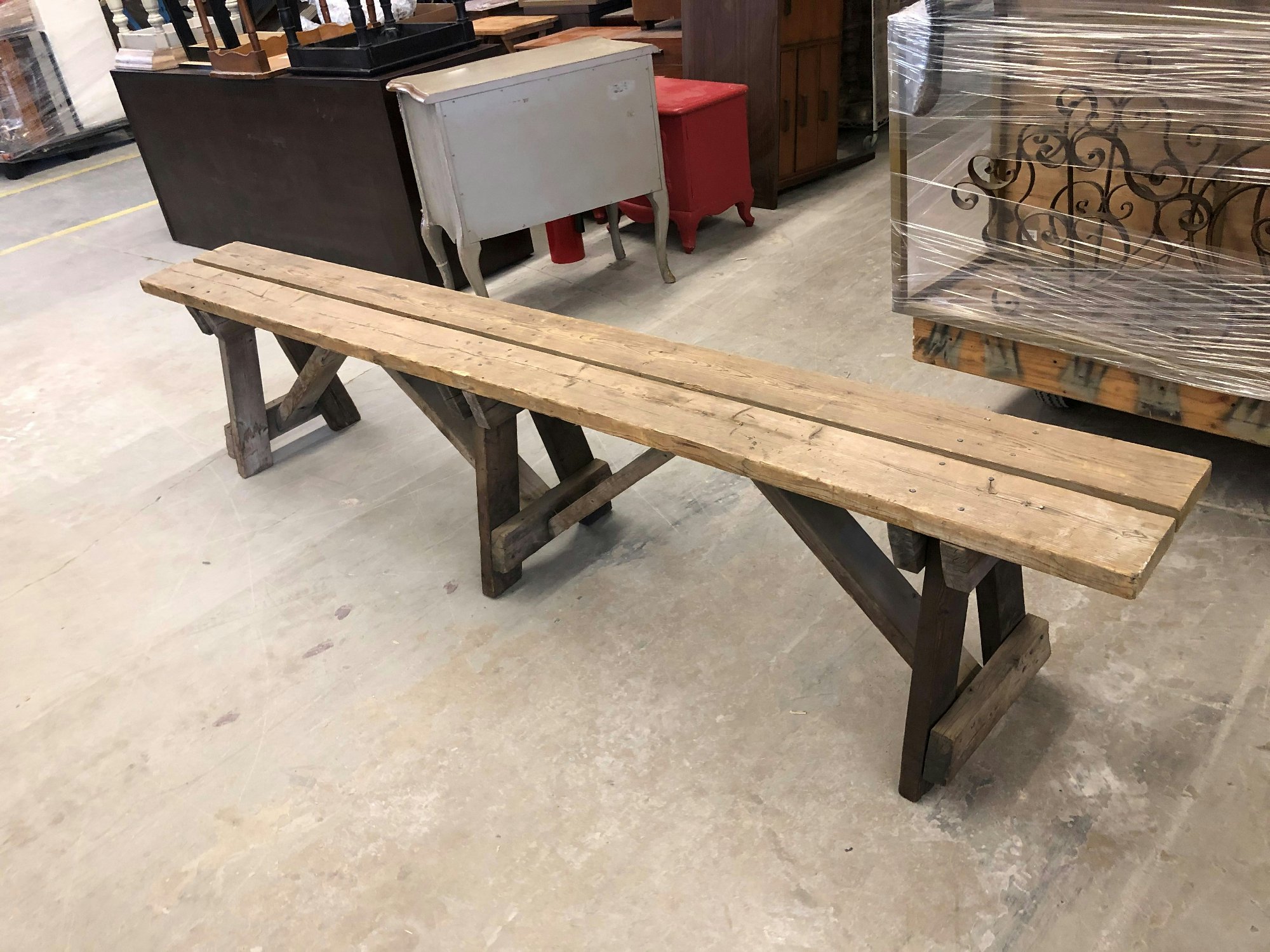 Outdoors & Greenery, Wooden Bench With Three A Shaped Legs, 6' W, 12" D, 2.5' H, Natural Wood, Wood