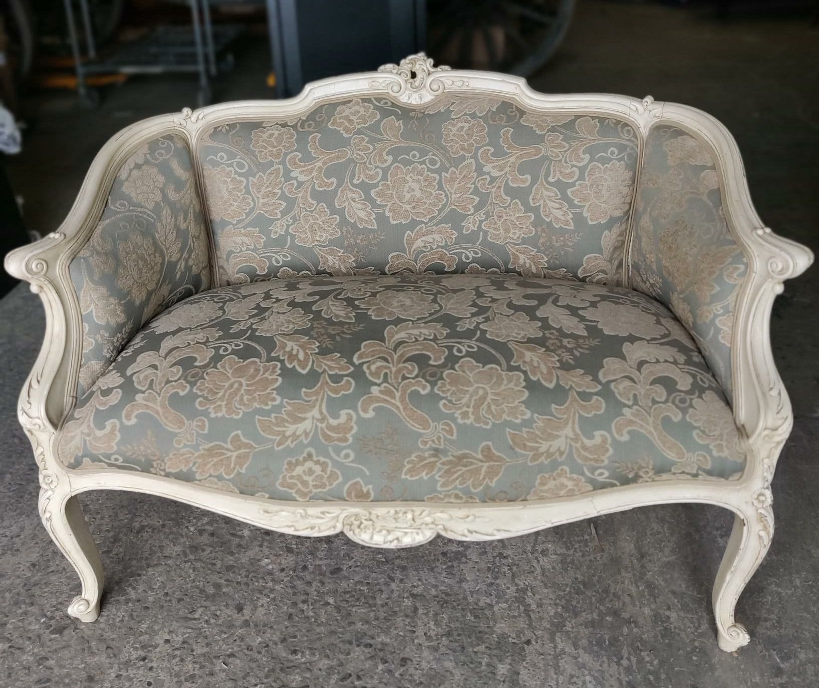Furnishings, French Provincial 2 Seater With Demask Fabric And White Wood, Light Green, Beige, Wood, Fabric, 1700s