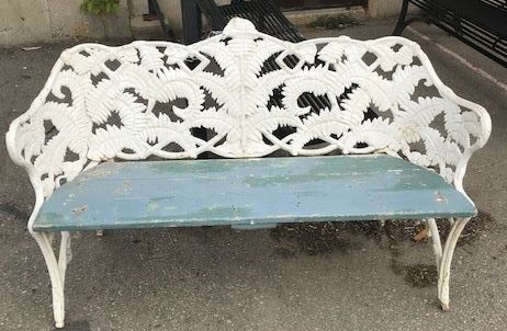 Outdoors & Greenery, Blue and White Metal Bench, White, Blue