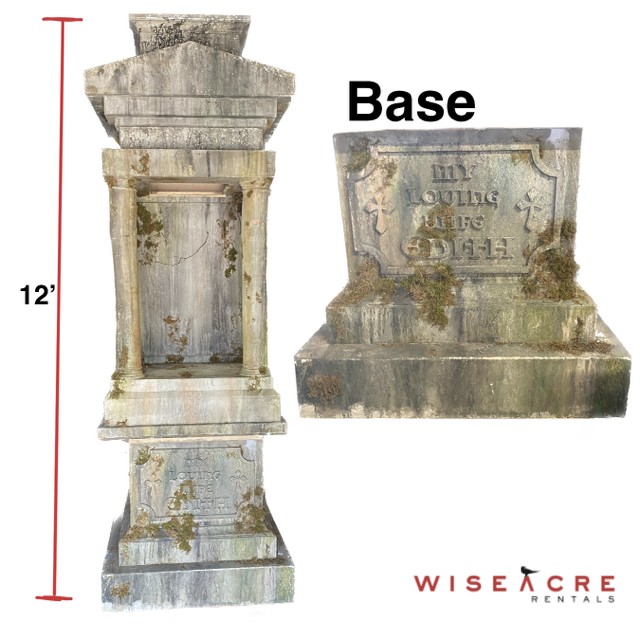 Furnishings, Tombstone with 2 statue bases. All 3 parts can be rented separately, 12' H, 4' W, 4' L, Grey, Green, Plaster, Wood