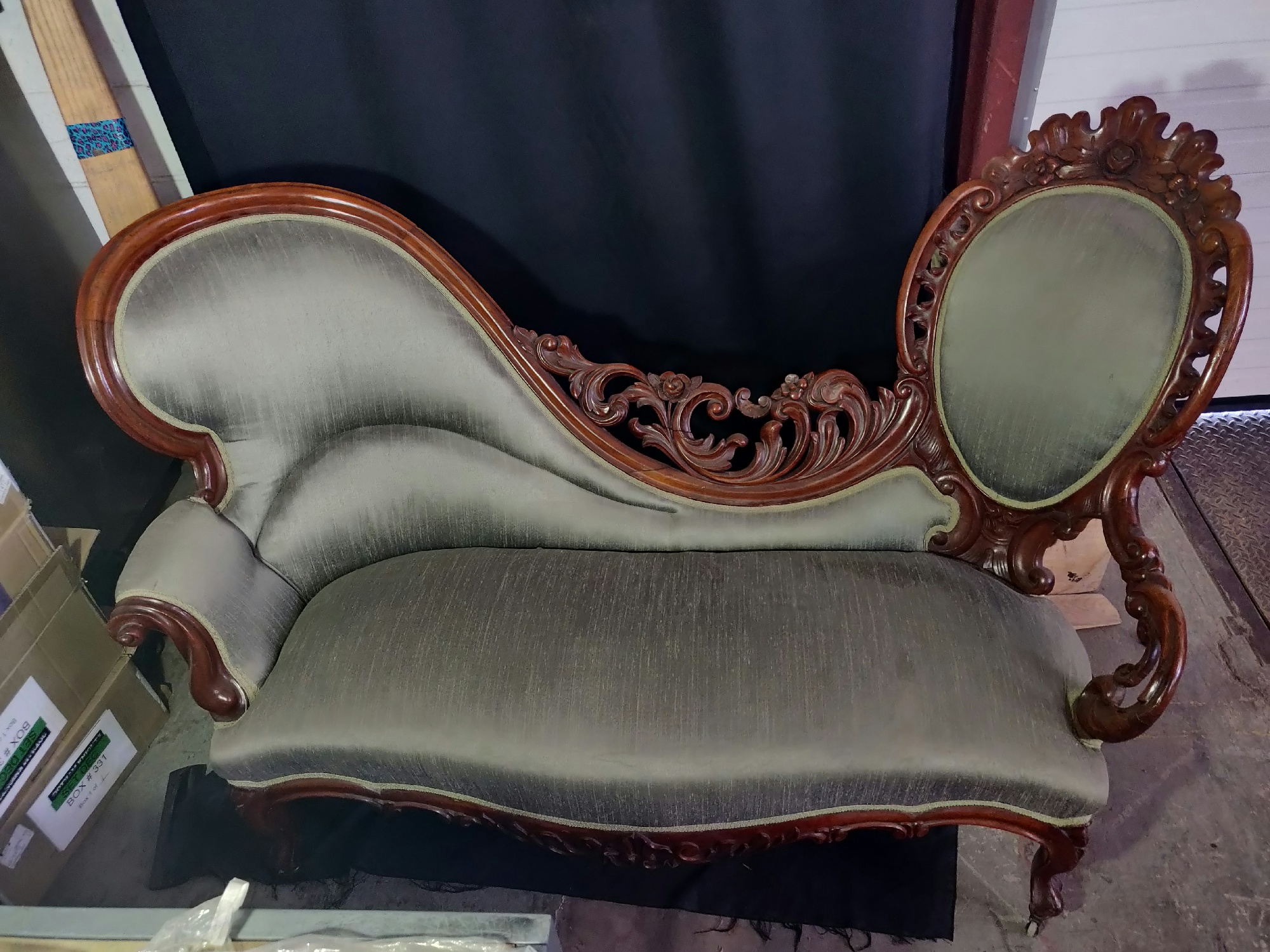 Furnishings, Victorian Curved Back Chaise Lounge, 63.5"W, 27.5"D, 38" H, Light Blue, Mid Tone Wood, Sage, Wood, Fabric