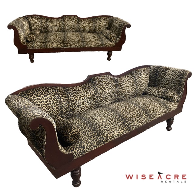 Furnishings, Cheetah print couch, 87.5"L, 31"H, 25"D, Burgundy, Yellow, Black, Wood, Fabric