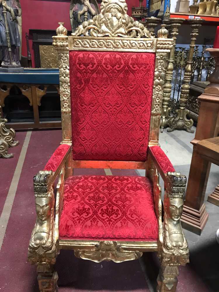 Furnishings, Gilt Throne With Red Velvet Upholstery, 32" W, 33' D, 70' H, Gold, Red, Wood, Fabric
