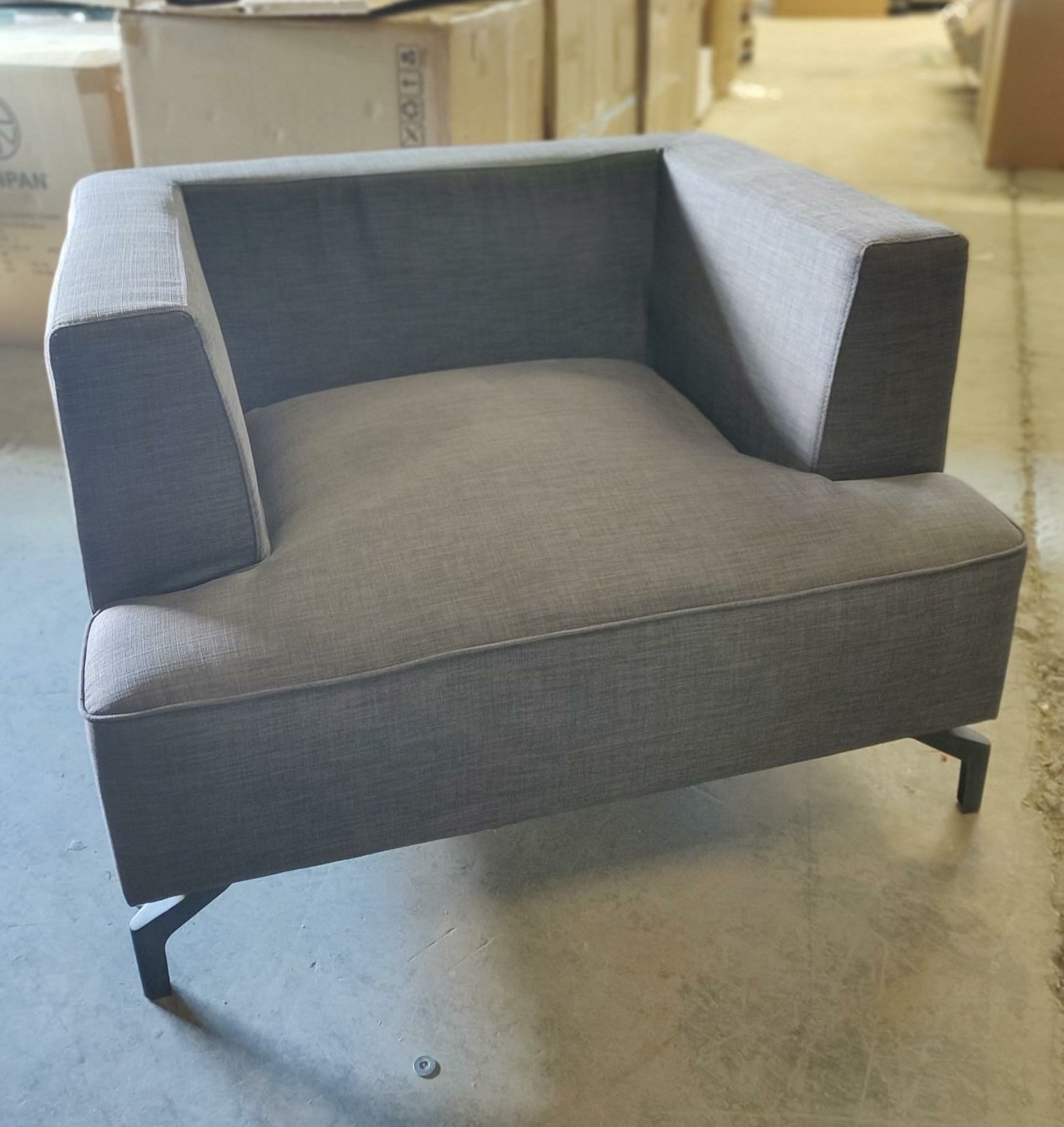 Furnishings, Wide Upholstered Club Chair, 39"W, 29"D, 27"H, Grey, Fabric, Metal