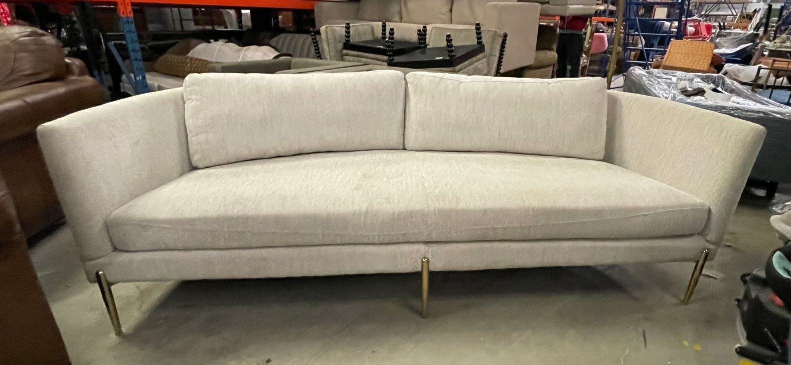 Furnishings, Contemporary Crescent Shaped Couch, 87"W, 32"D, 29"H, Off White, Gold