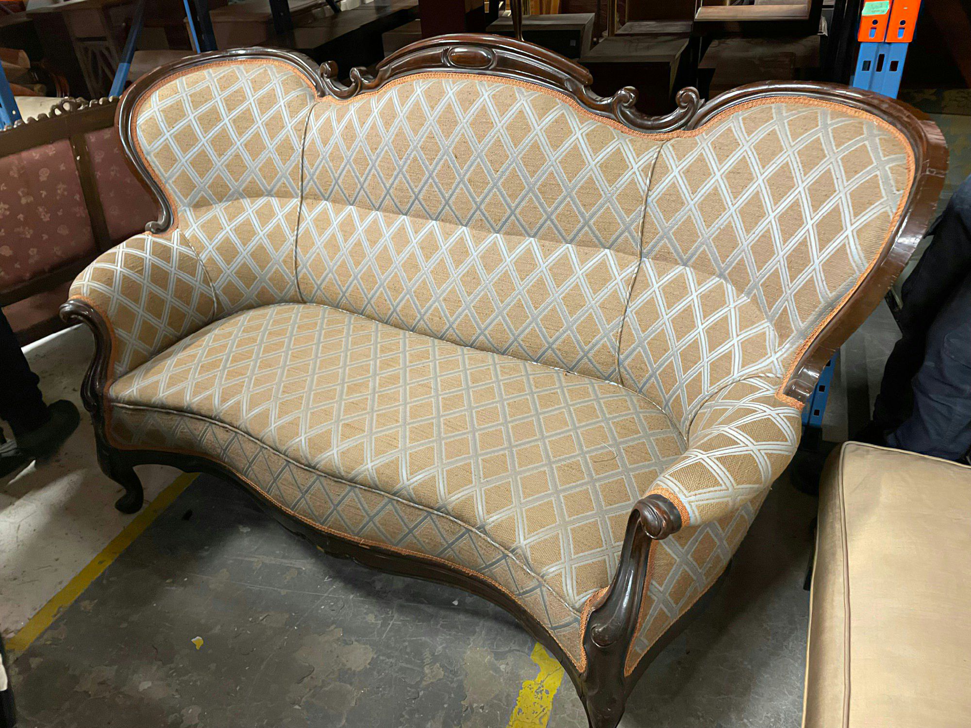Furnishings, Victorian Couch With Quilted Pattern Upholstery, Tan, Light Blue, Dark Tone Wood, Fabric, Wood