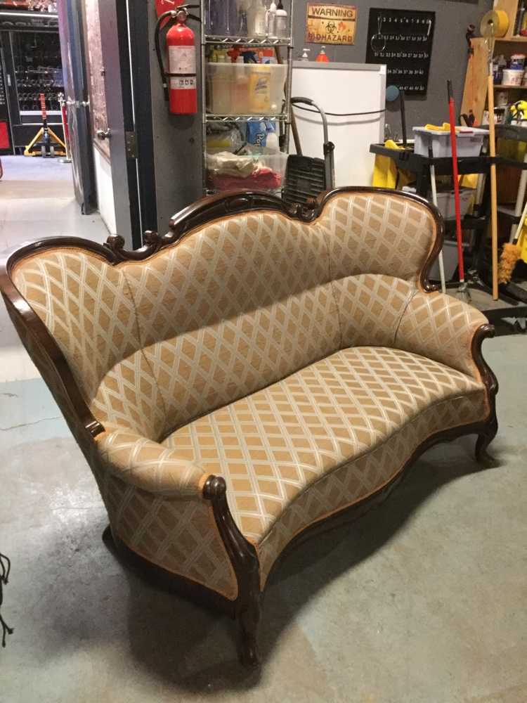 Furnishings, Victorian Couch With Quilted Pattern Upholstery, Tan, Light Blue, Dark Tone Wood, Fabric, Wood