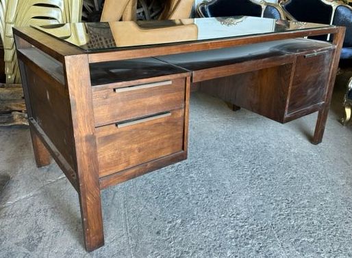 Furnishings, Desk with Glass Top, Brown, Wood, Glass