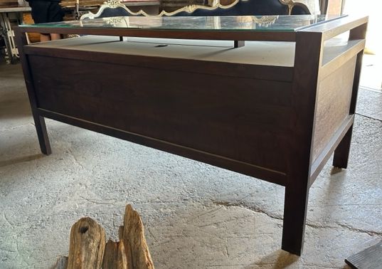 Furnishings, Desk with Glass Top, Brown, Wood, Glass