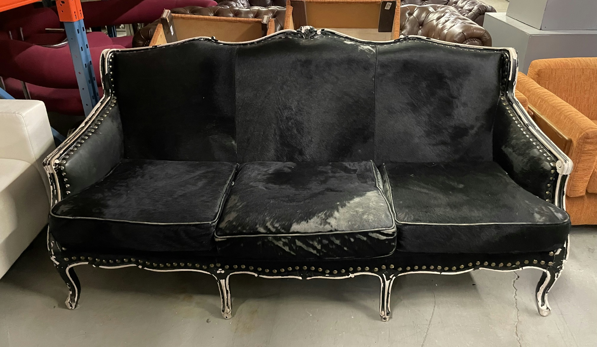 Furnishings, Victorian Style Couch With Cow Hide Upholstery, 72" W, 29" D, 36" H, Black, Fur, Leather