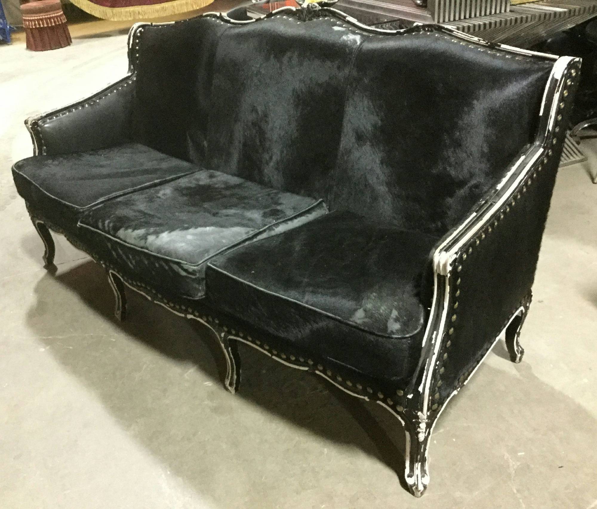 Furnishings, Victorian Style Couch With Cow Hide Upholstery, 72" W, 29" D, 36" H, Black, Fur, Leather