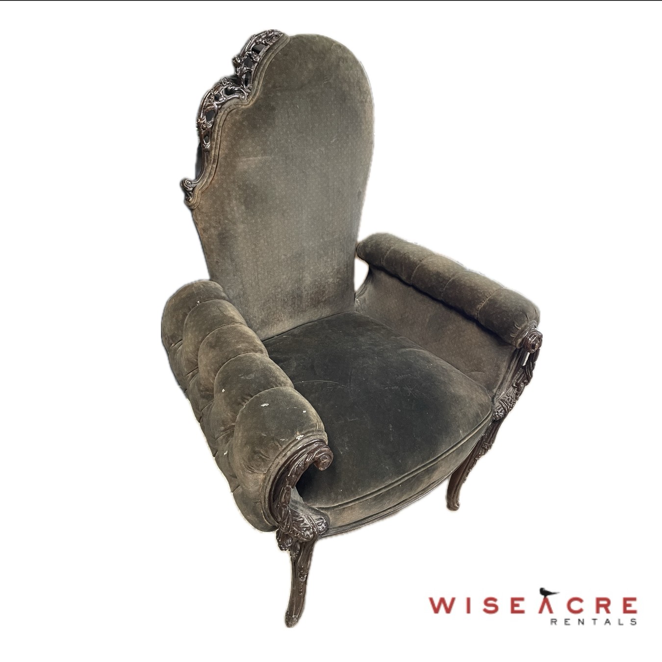 Furnishings, Velvet upholsterred chair with carved wood legs, Grey