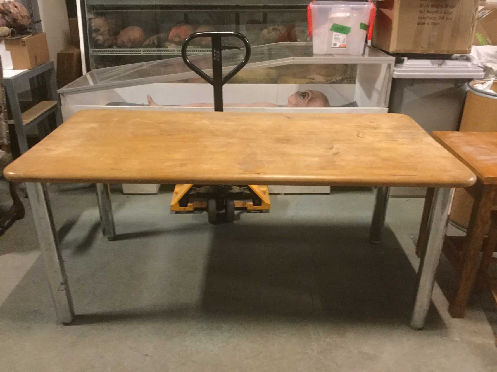 Furnishings, Long Wood Top Work Table With Metal Legs, 71"W, 36"D, 31"H, Light Tone Wood, Silver, Wood, Metal