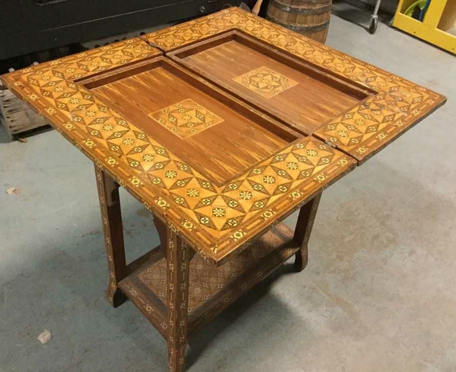 Furnishings, German, Full Maquetry All Over Table., 29" W, 31" D, 32" H, Light Tone Wood, Mid Tone Wood, Dark Tone Wood, Wood
